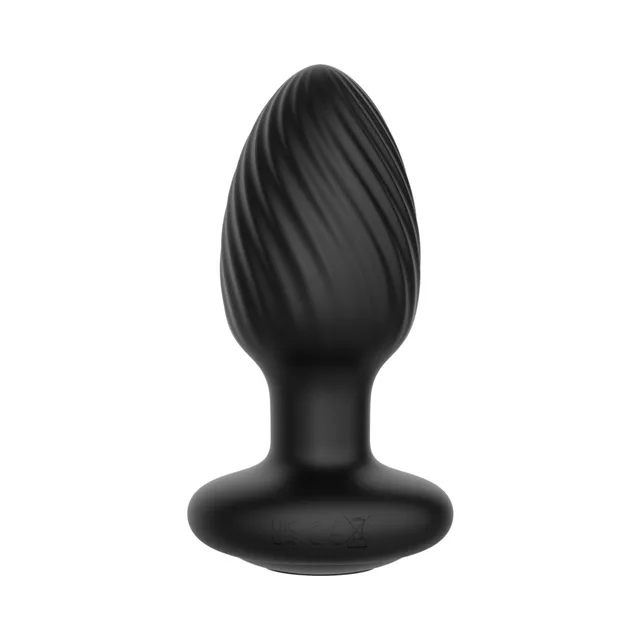 Front view of black Tornado Large plug with ribbed tapered shaft