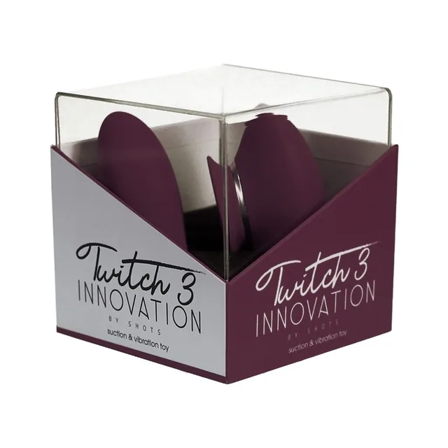 burgundy Twitch 3 vibrator and suction device inside purple window box