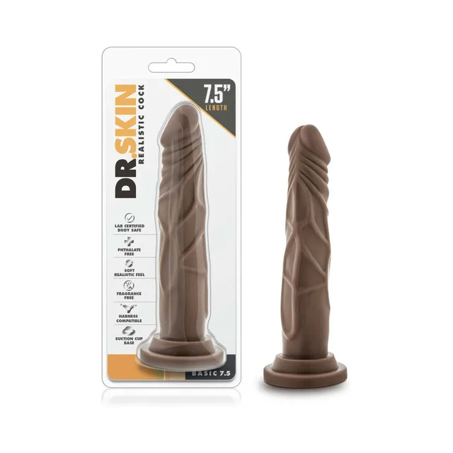 Blush Basic 7.5 dark-brown dildo beside clear Dr. Skin retail package