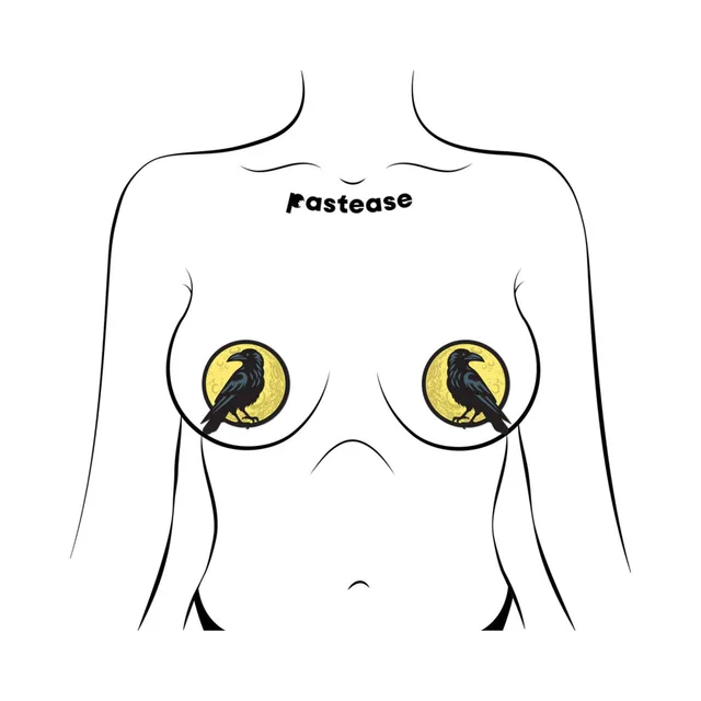 Pastease black raven and full moon round breast pasties front placement illustration on a torso outline