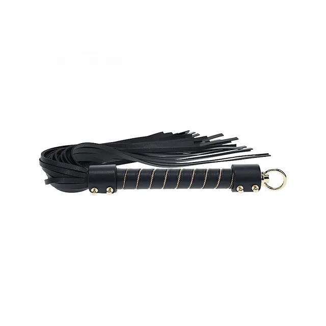 black London leather flogger with gold cord wrapped handle and metal ring