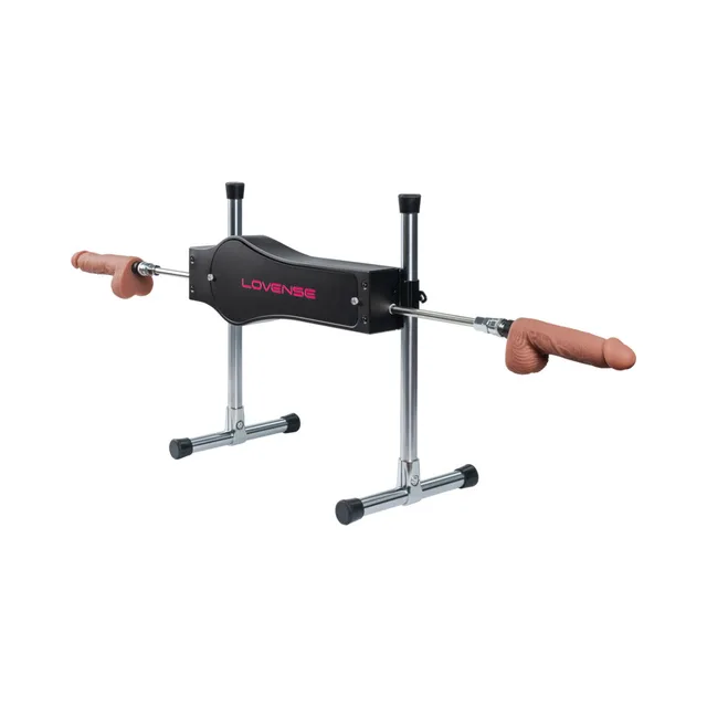 Lovense machine on adjustable metal stand with two attachments
