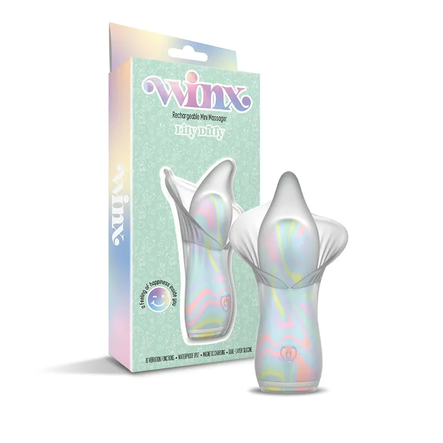 Pastel WINX Lily Dilly flower vibrator displayed beside mint retail box