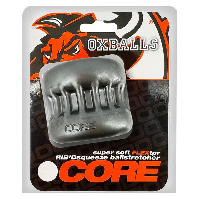 steel-colored OxBalls Core ribbed ballstretcher on orange and black card