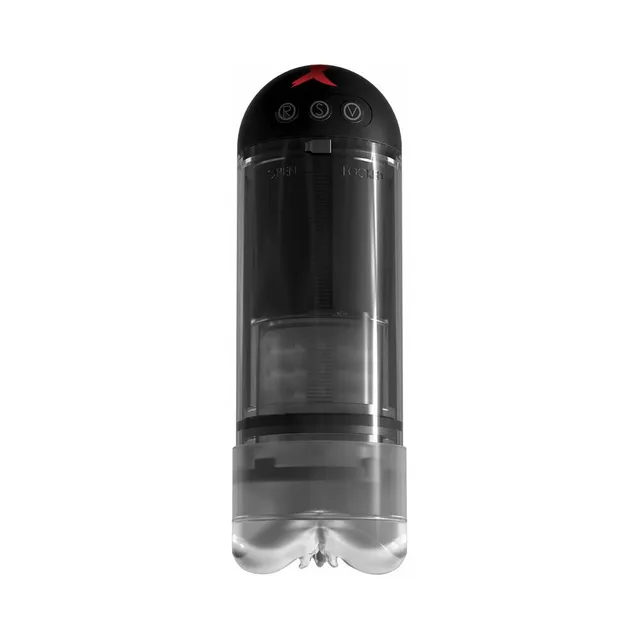 PDX Elite Extender Pro clear-and-black penis pump upright clear cylinder with black top controls and molded lower opening