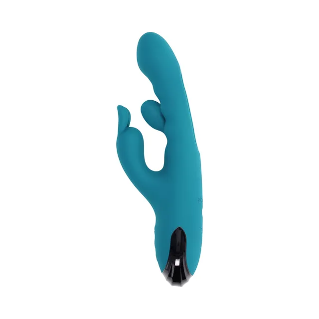 Evolved Bunny Tapper teal dual stimulator front-left view of the curved shaft and rabbit attachment