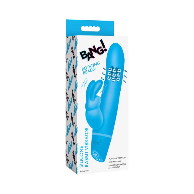 BANG blue silicone rabbit vibrator in blue-and-white retail packaging
