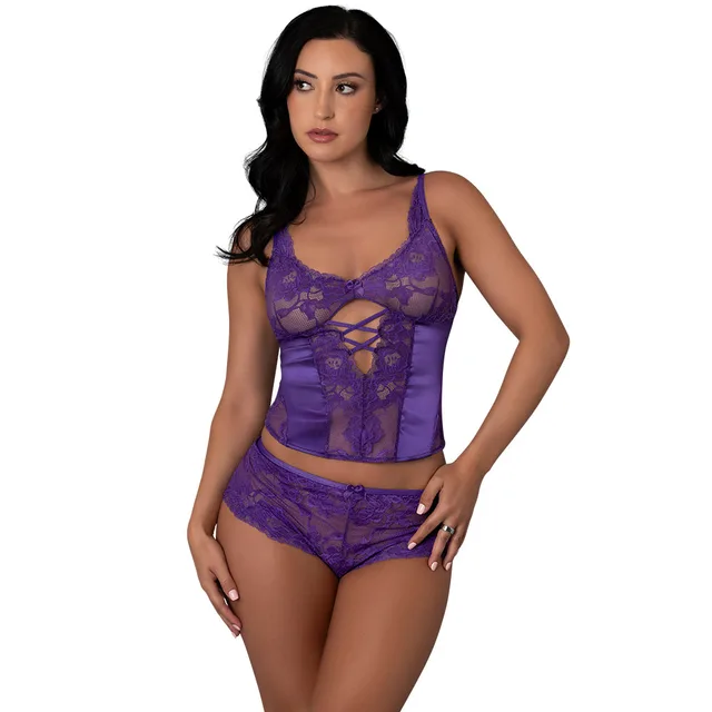 Front view of Purple Satin Petals bustier short set S/M