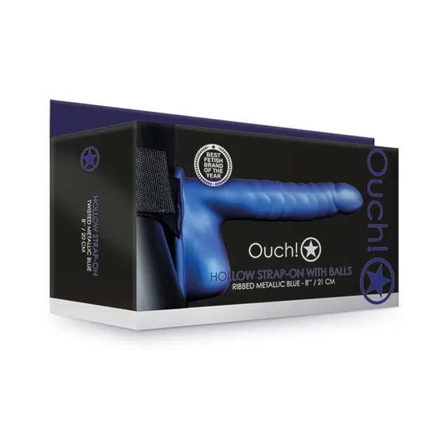 Metallic-blue Ouch ribbed strap-on with balls retail box