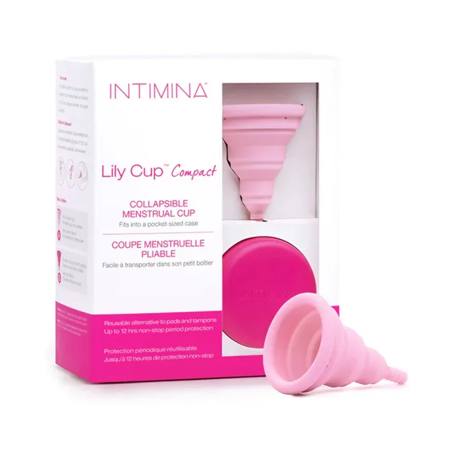 Light pink INTIMINA Lily Cup Compact Size A beside white and pink box