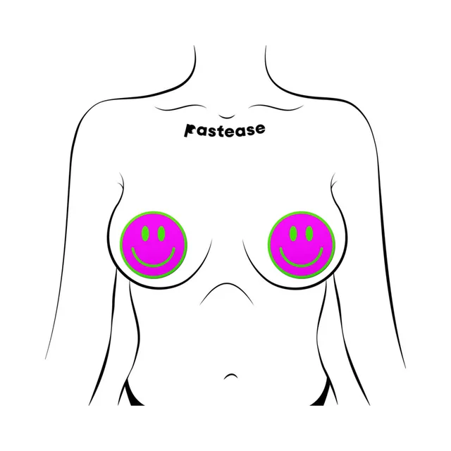 Pastease neon green and pink smiley face breast pasties front placement illustration on a torso outline