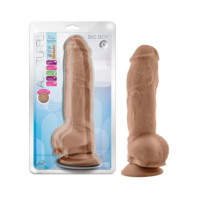 Blush Au Naturel Big Boy tan 10-inch dildo beside retail package