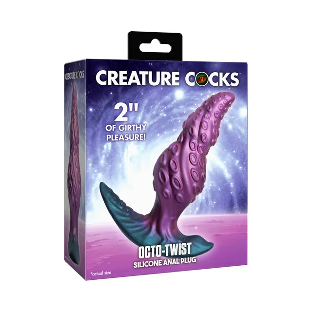 XR Brands Creature Cocks Octo-Twist silicone anal plug retail box with purple tentacle-shaped plug pictured