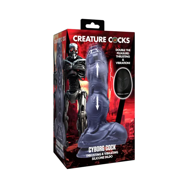Creature Cocks Cyborg silver-gray dildo in robot-themed retail box with oval remote pictured