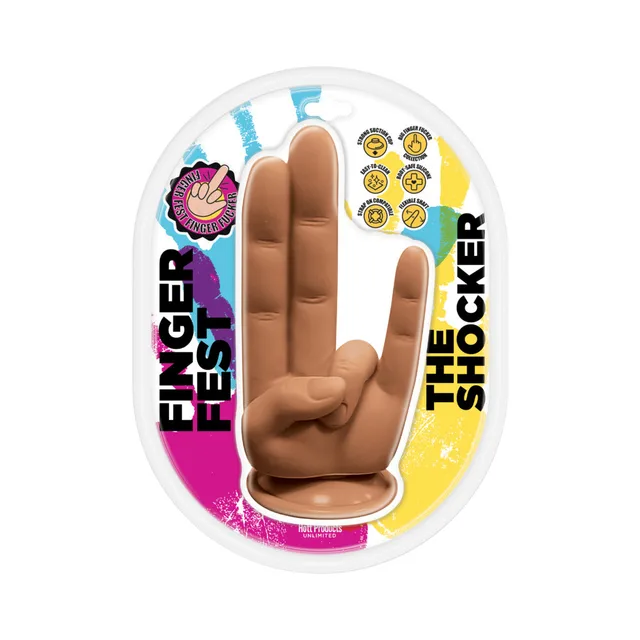 Tan Finger Fest The Shocker hand-shaped dildo in clear case
