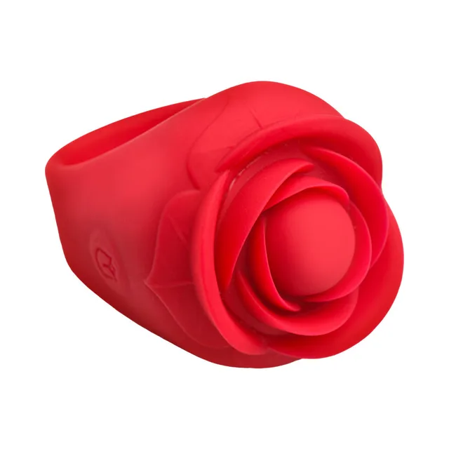 Front angled view of red Bloomgasm Rose Ring