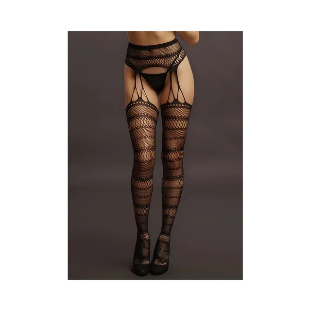 Black Le Desir striped suspender pantyhose with open thighs