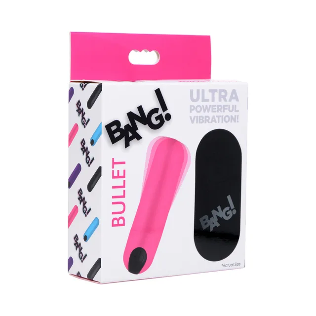pink BANG silicone bullet vibrator and black remote on pink-trimmed box