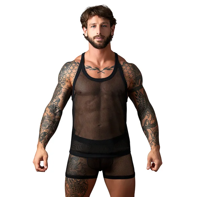 Front view of Black Male Power Fishnet Tank Top S/M
