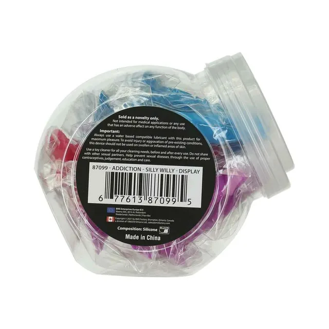 Back of clear Silly Willy display with barcode label