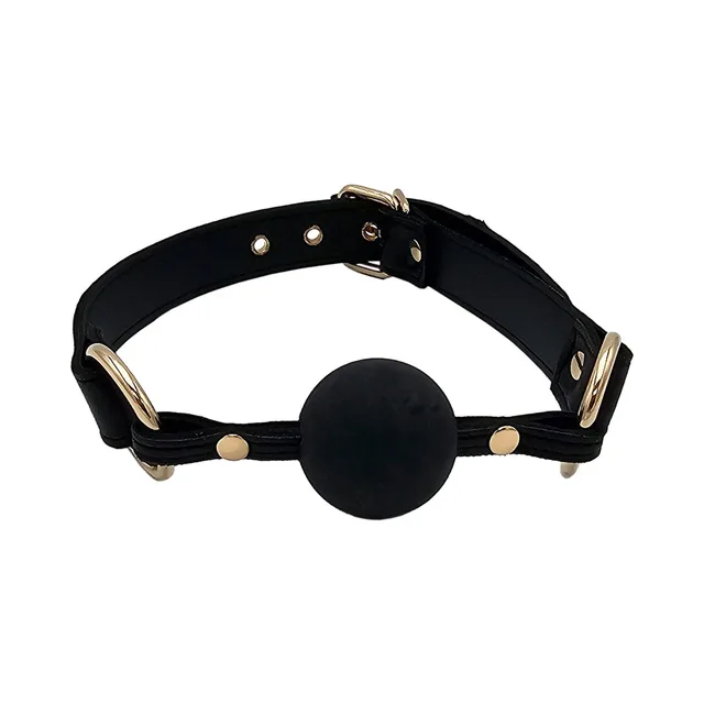 Rouge black leather ball gag with gold hardware front view with round black ball