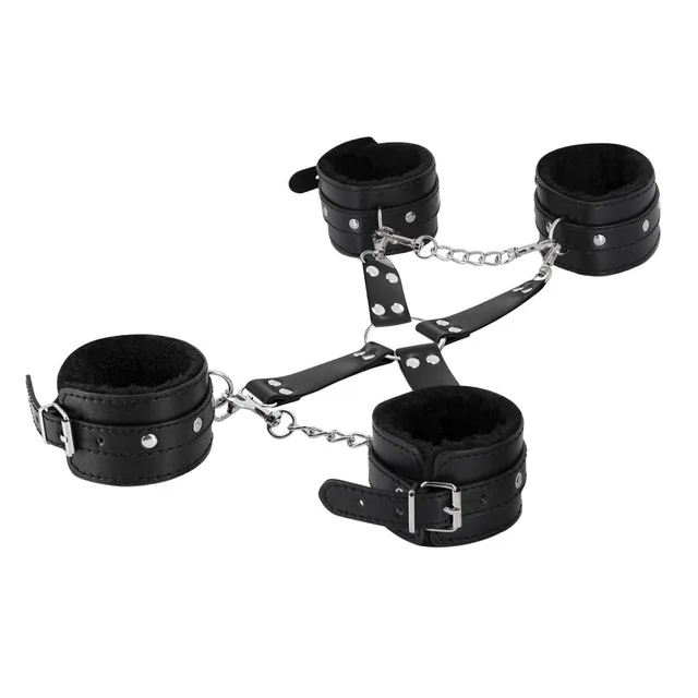 Angled view of black All 4s fuzzy four-cuff set