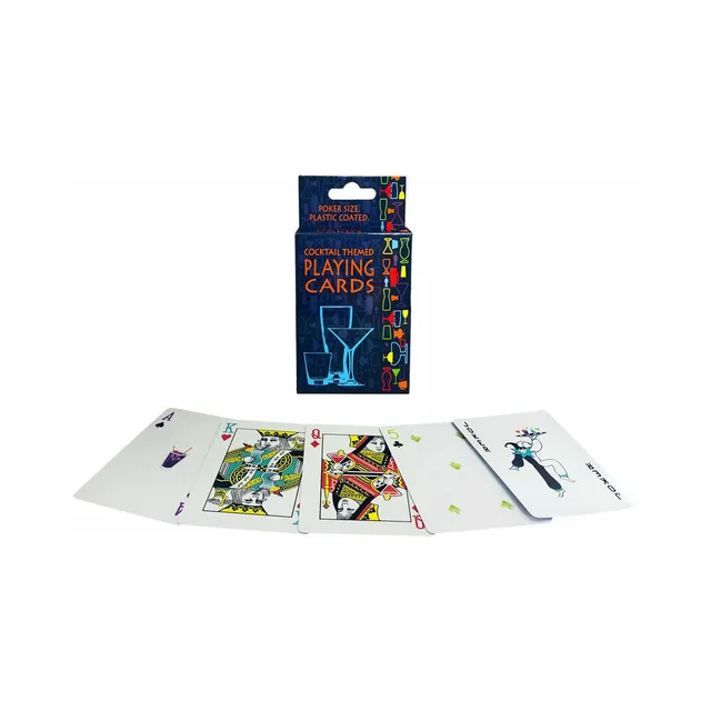 Cocktail-themed playing card package with several illustrated cards fanned in front