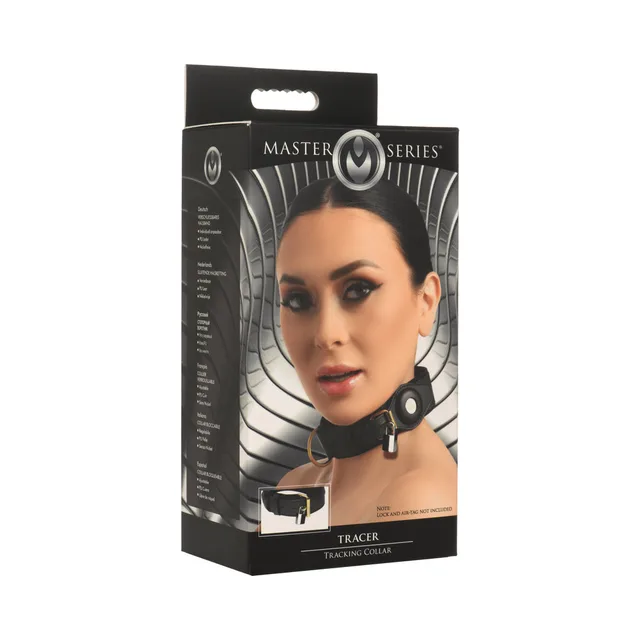 Master Series Tracer black collar with circular pocket and gold-tone ring on box