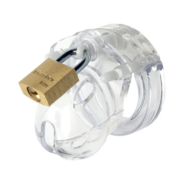 Side view of clear Mini Me cage with brass-tone padlock