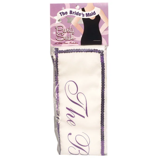 White Bride's Maid sash with purple trim in hanging package