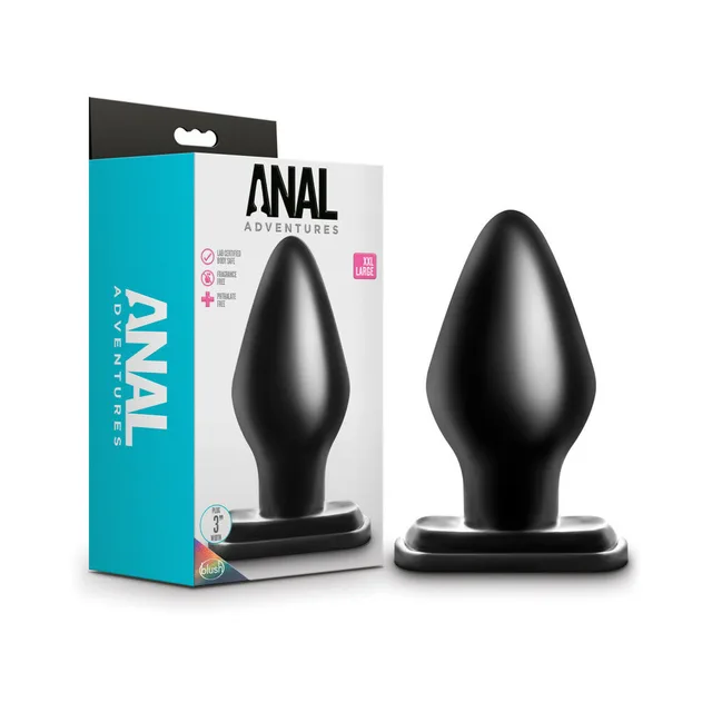 Anal Adventures XXL black plug beside turquoise retail box