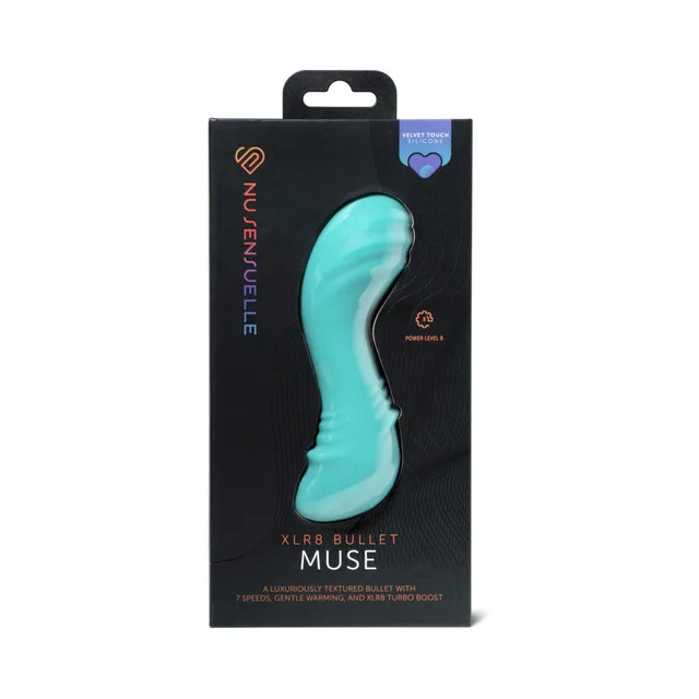 Nu Sensuelle Muse XLR8 blue curved bullet vibrator in black retail package