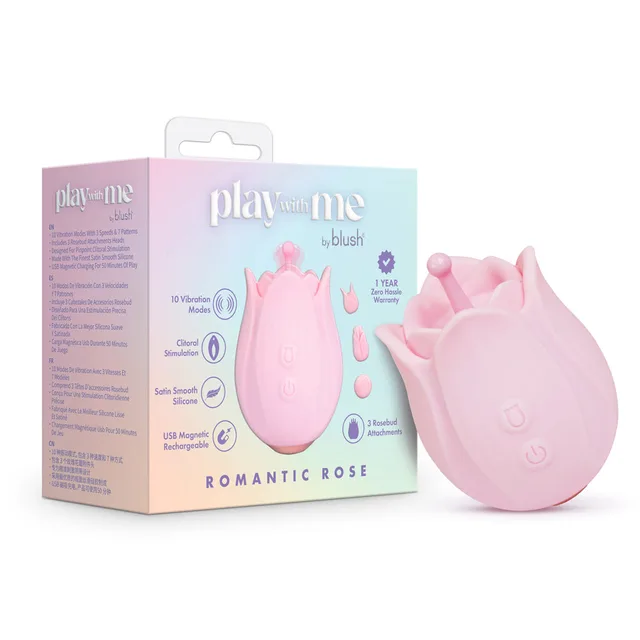 Pink Romantic Rose massager with sculpted flower beside pastel retail box
