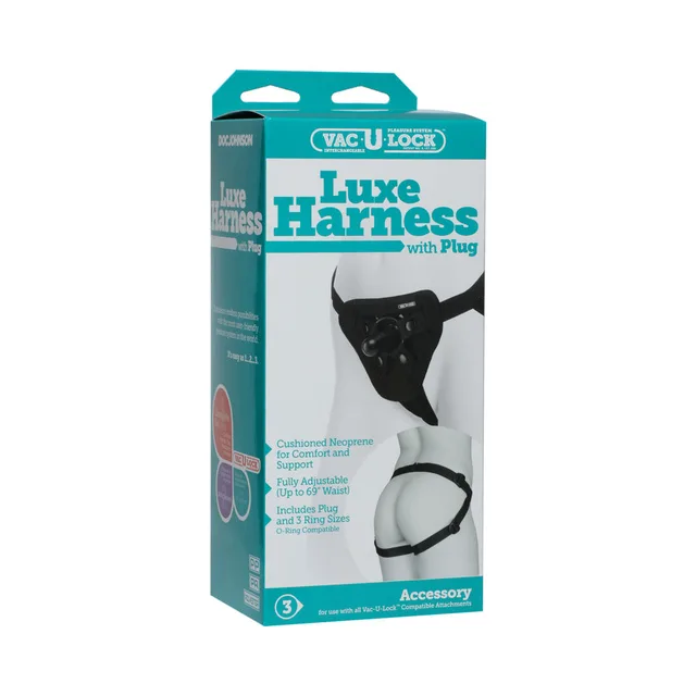 Vac-U-Lock Platinum Luxe Harness black harness and plug retail package