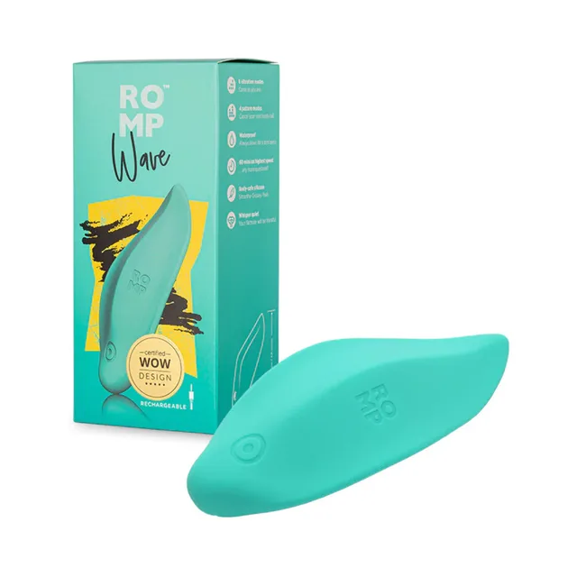 Mint ROMP Wave lay-on vibrator beside teal retail box