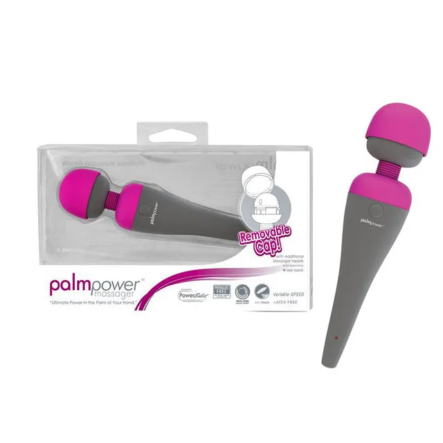 BMS Palm Power Massager clear retail case beside gray massager with pink head