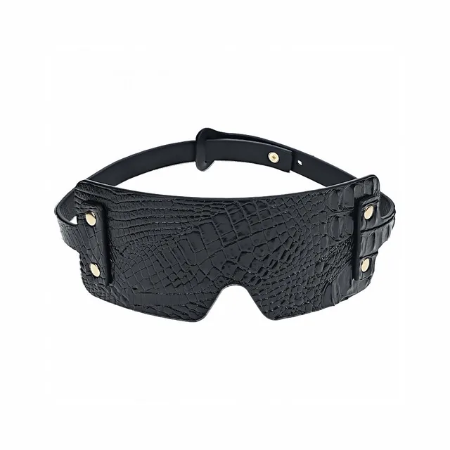 black croc-print Rome blindfold with contoured eye panel and gold studs