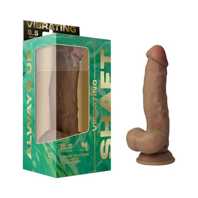 Shaft Model N oak silicone vibrator beside green windowed retail box