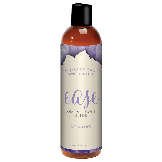 Intimate Earth Ease Anal Silicone 4 oz tall clear bottle with botanical label