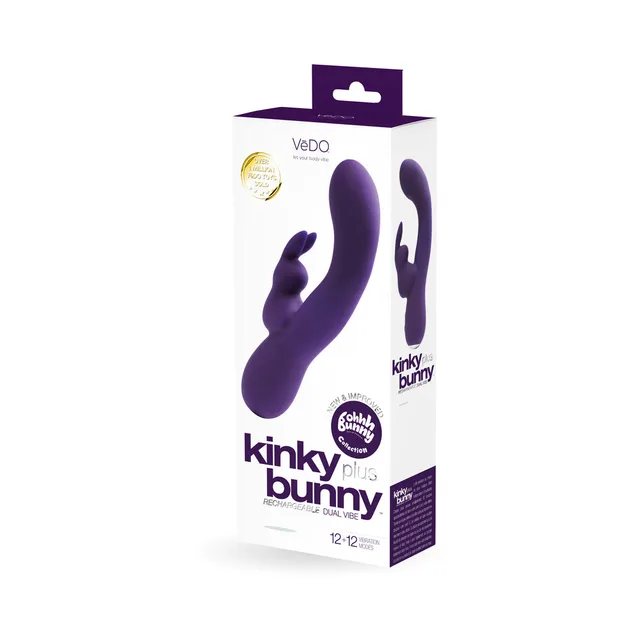 VeDO Kinky Bunny deep-purple vibrator beside matching VeDO retail box
