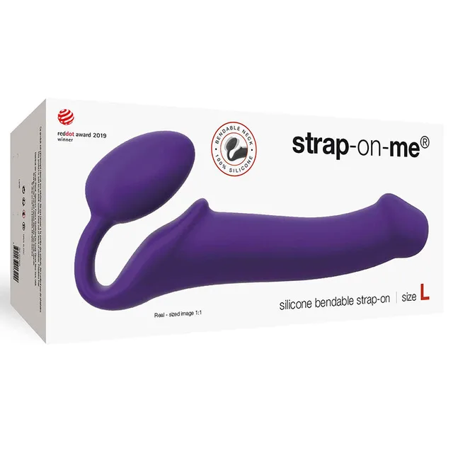 Purple large Strap-On-Me bendable silicone strap-on on white package