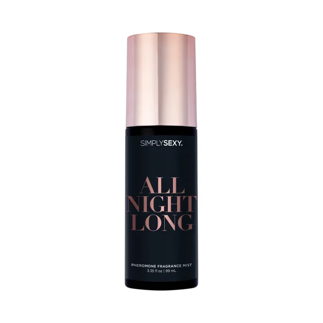 Simply Sexy All Night Long black body mist bottle with rose-gold cap