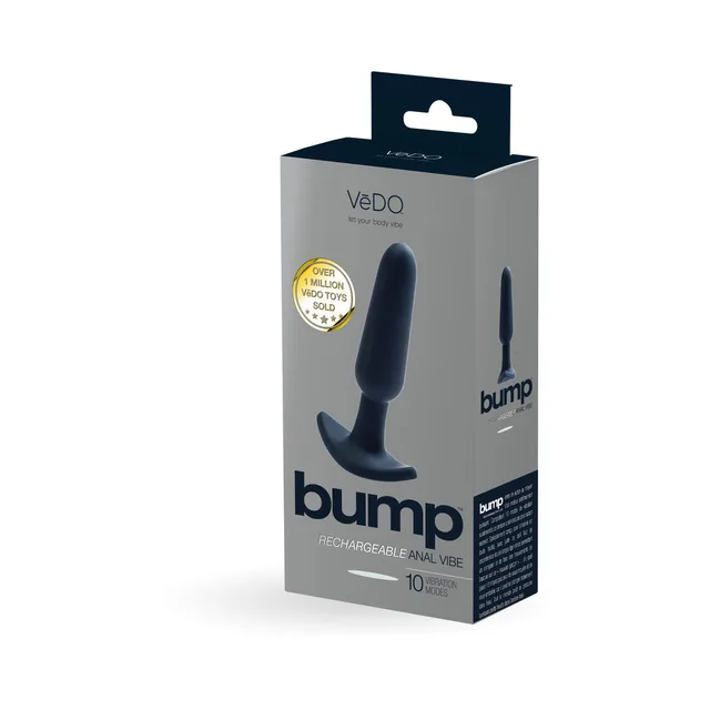VeDO Bump black anal vibrator beside matching VeDO Bump retail box