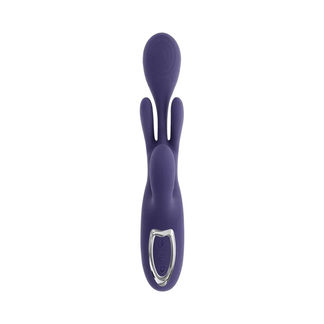 Evolved Bow Down purple multi-arm massager upright front view with broad spoon head