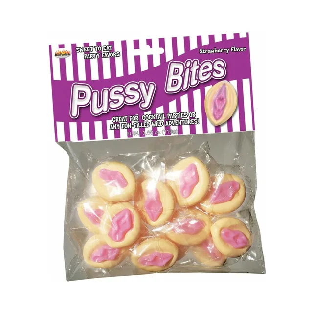 Hott Products Pussy Bites Strawberry Candy clear bag with purple striped header and molded chews