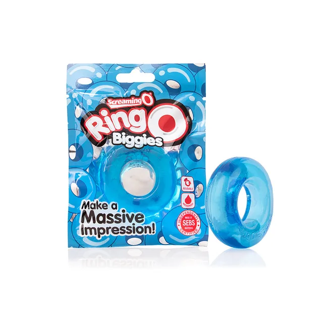Screaming O RingO Biggies Blue Ring translucent ring beside blue patterned package