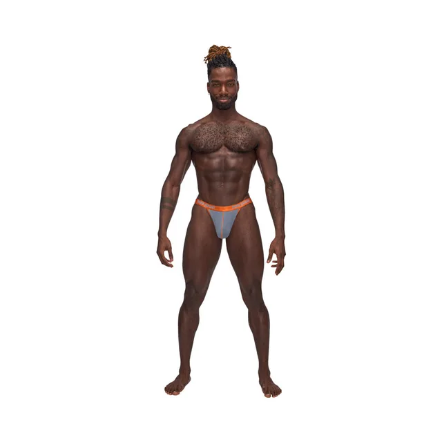 Full front view of model wearing gray with orange trim Casanova Uplift Micro thong