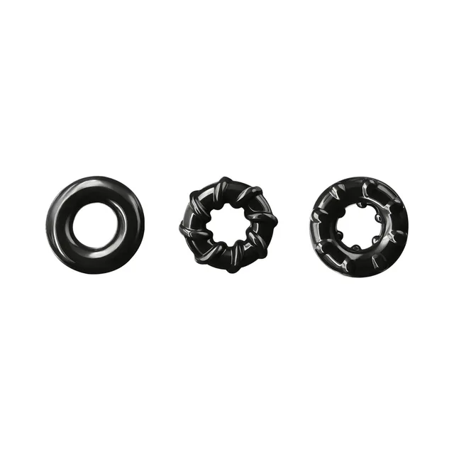 Renegade black Dyno Rings 3-pack three loose black rings in smooth, fluted and notched designs