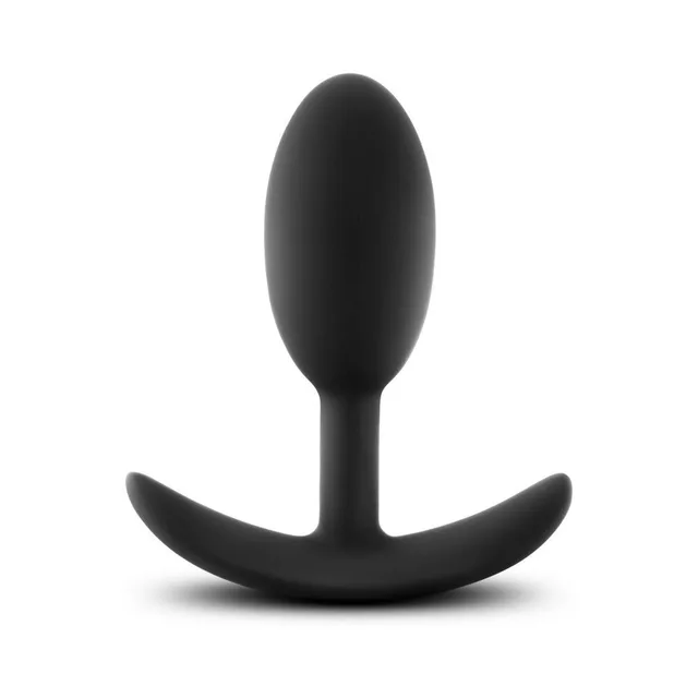 Front view of medium black oval plug with curved anchor base