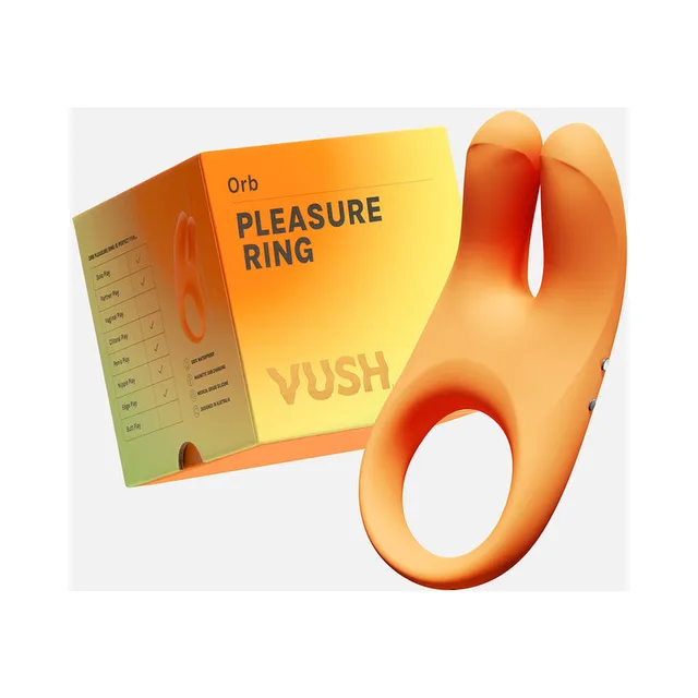 orange VUSH Orb silicone ring with twin ears displayed beside retail box